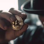 Homem de chapéu segurando moeda de Bitcoin. Midjourney.