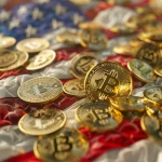Moedas de bitcoin sobre bandeira dos EUA. Midjouney.
