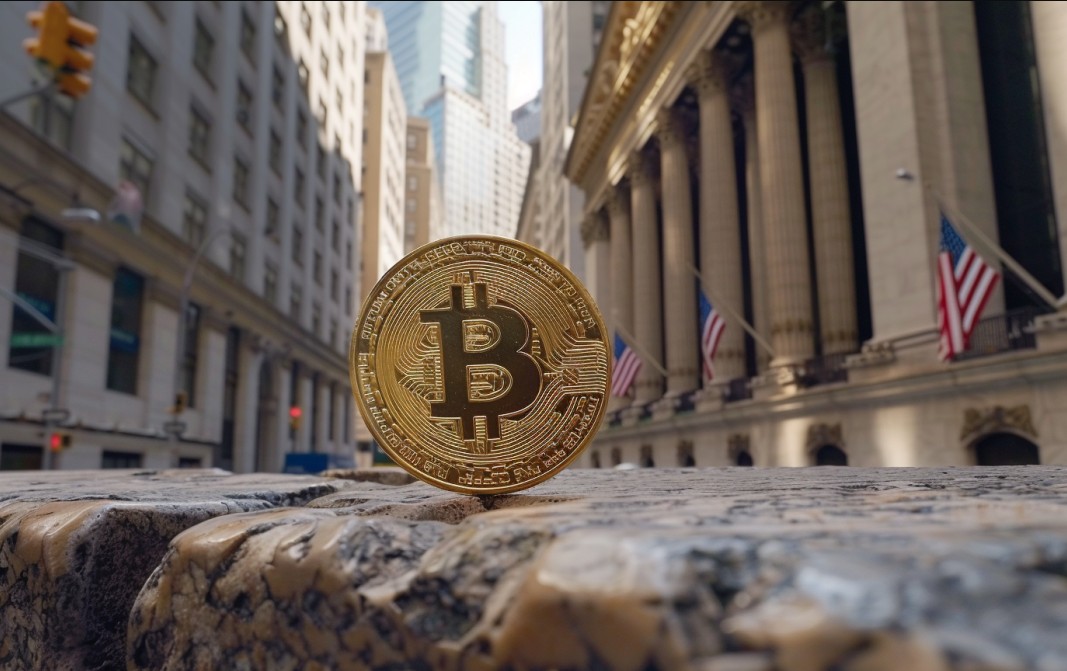 Moeda de Bitcoin em Wall Street. MidJourney.