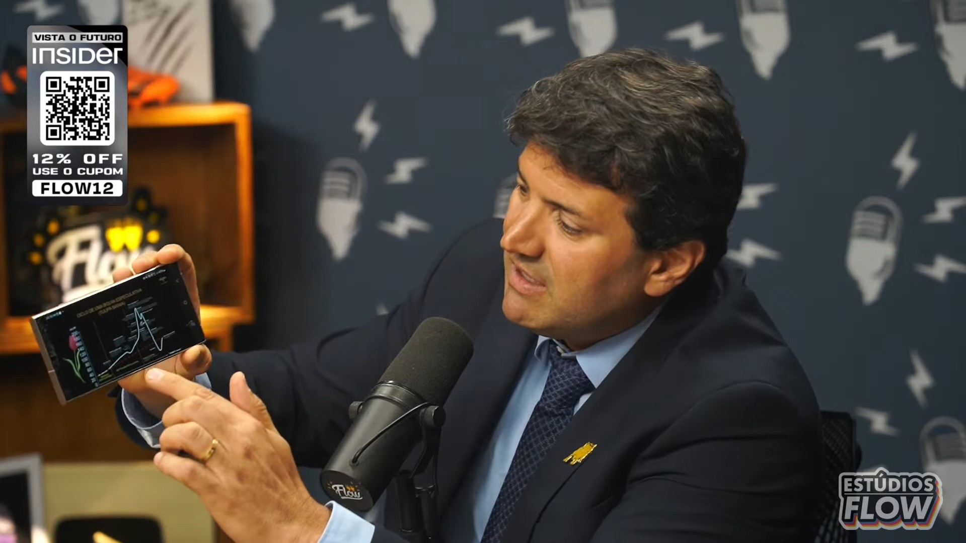 Pablo Spyer, mostrando gráfico das tulipas e afirmando que Bitcoin também é uma bolha. Fonte: Flow Podcast/Reprodução.