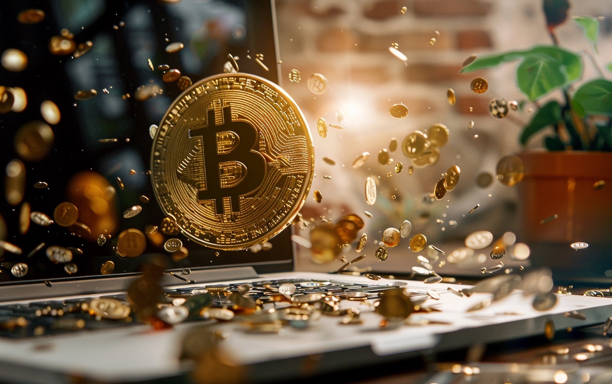 Bitcoins em cima do Notebook (Imagem gerada por Inteligência Artifical)