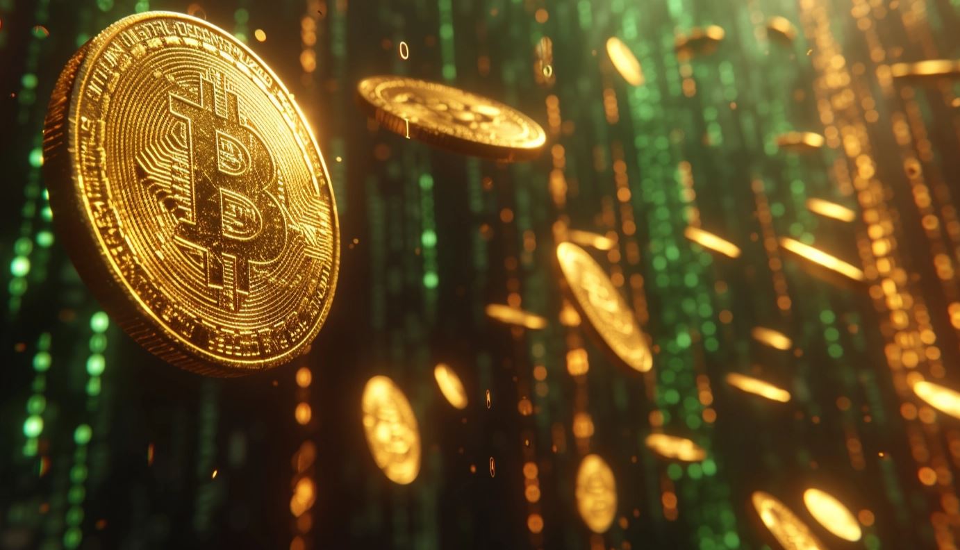 Bitcoins em fundo verde brilhante (Mid Journey)