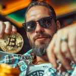 Homem segurando Bitcoin