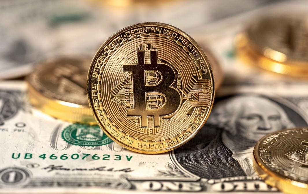 Moedas de Bitcoin sobre notas de dólar. MidJourney.
