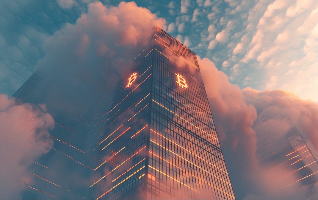 Arranha-céu com logotipo do Bitcoin. Fonte: MidJourney.
