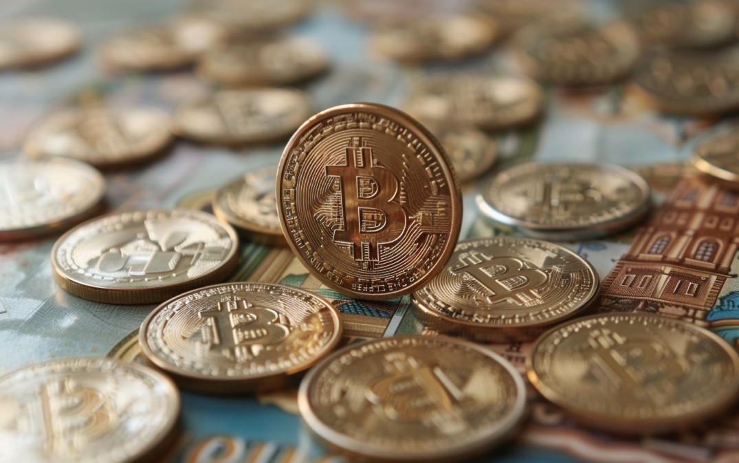 Moedas de bitcoin e notas de rublo russo. Fonte: MidJourney.
