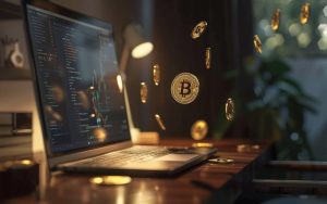 Moedas de Bitcoin caindo em mesa, simbolizando queda no preço. MidJourney.