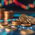 Moedas de bitcoin e gráfico de preço ao fundo. MidJourney.