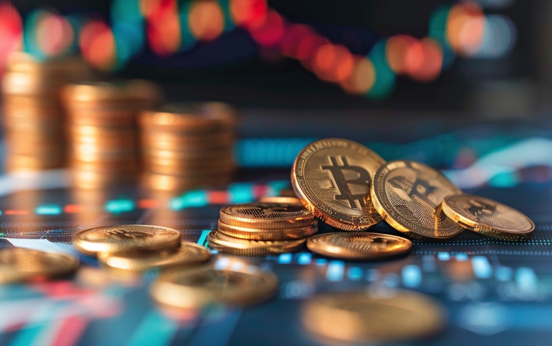 Moedas de bitcoin e gráfico de preço ao fundo. MidJourney.