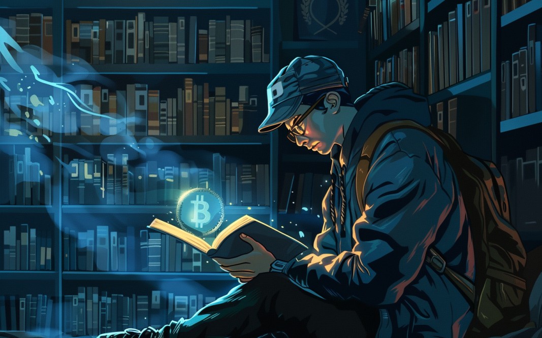 Estudante e bitcoin. Midjourney.