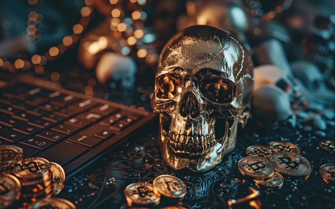 Criptomoedas e caveira. Fonte: MidJourney.
