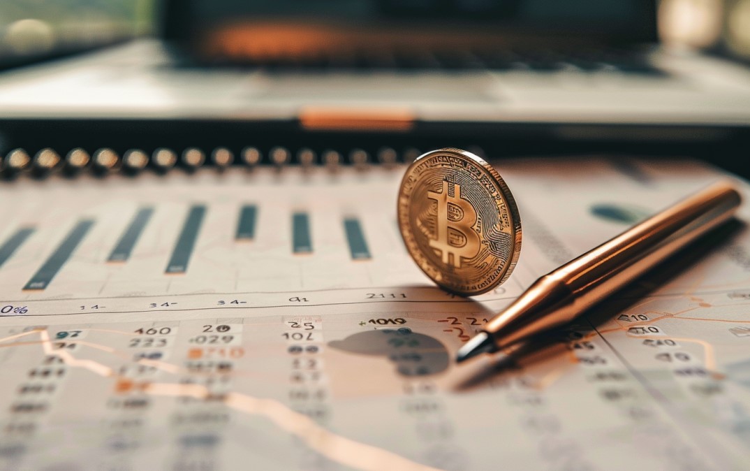 Caneta e moeda de Bitcoin sobre planilha. MidJourney.