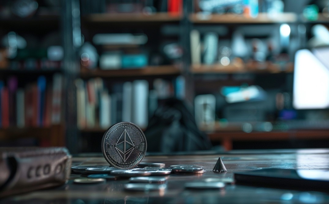 Moeda de Ethereum em escritório. Fonte: MidJourney.