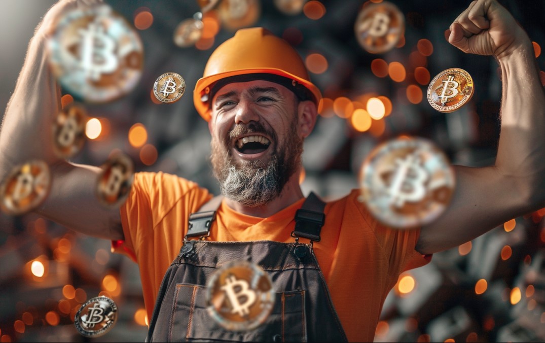 Minerador de Bitcoin comemorando. Fonte: MidJourney.