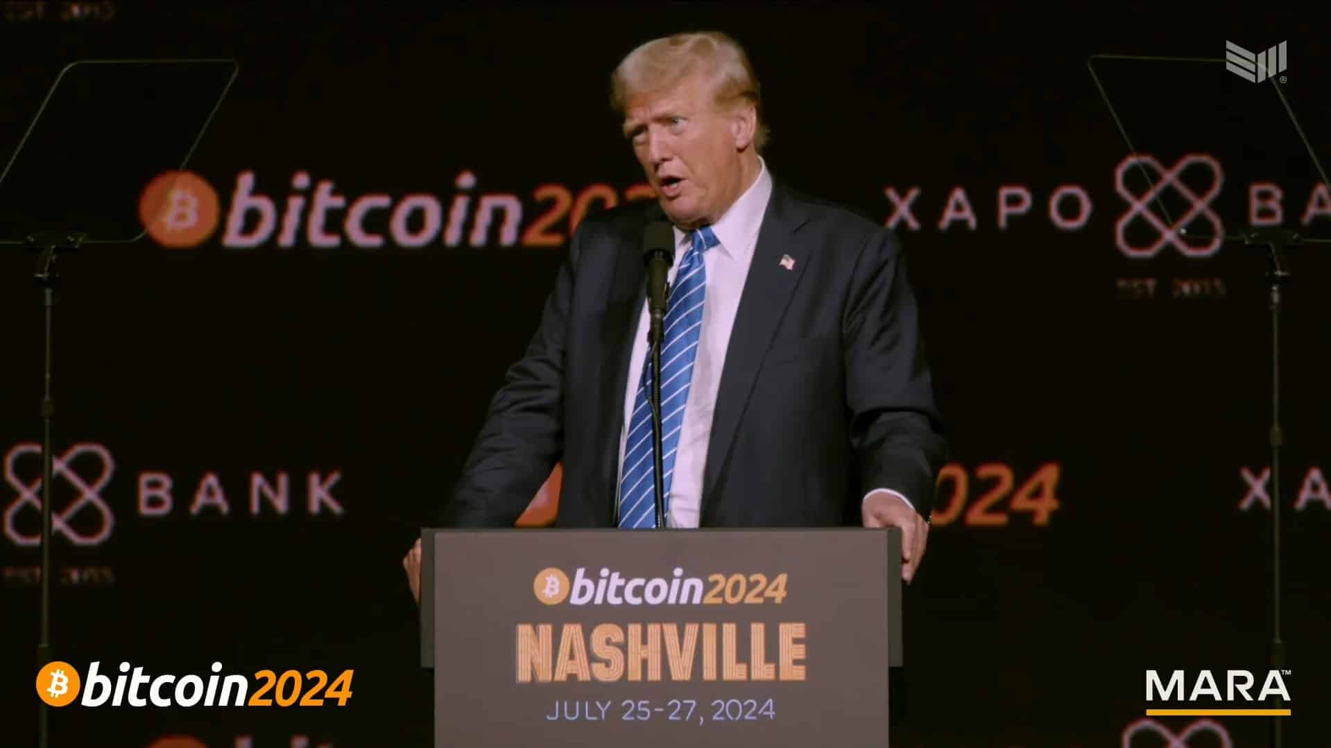 Donald Trump, ex-presidente e candidato a presidência dos EUA, na maior conferência de Bitcoin do mundo. Fonte: Bitcoin Magazine/Reprodução. criptomoedas blockchain
