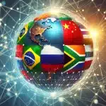 Foco no mundo com a bandeira dos países membros do BRICS