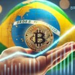 Mão segurando bitcoin com gráfico de alta e bandeira do Brasil ao fundo