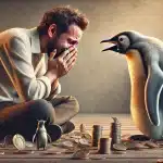 Homem chorando ao olhar para pinguim sentado em algumas moedas trader pengu