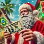 Papai Noel segurando uma nota de dólar no Brasil