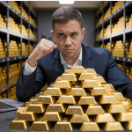 Homem sério próximo de barras de ouro e computador