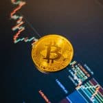 Bitcoin simbólico sobre gráfico de trade em corretoras
