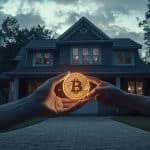 Pessoas segurando Bitcoin em frente a uma casa. Fonte: Midjourney.