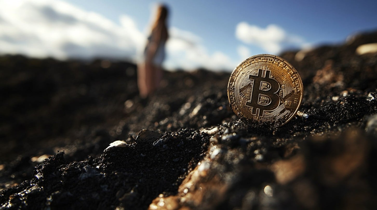 Moeda de Bitcoin em lixão. Fonte: Midjourney.
