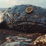 Baleia com bitcoin grudado observando câmera