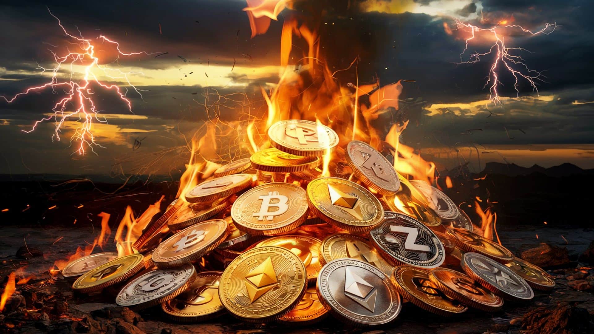 Criptomoedas queimando em pilha