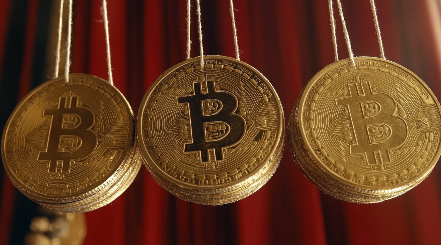 Moedas de Bitcoin presas como marionetes. Fonte: Midjourney.
