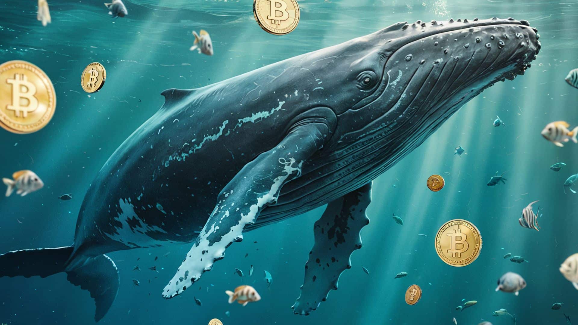 Baleia de bitcoin nadando com bitcoins flutuando