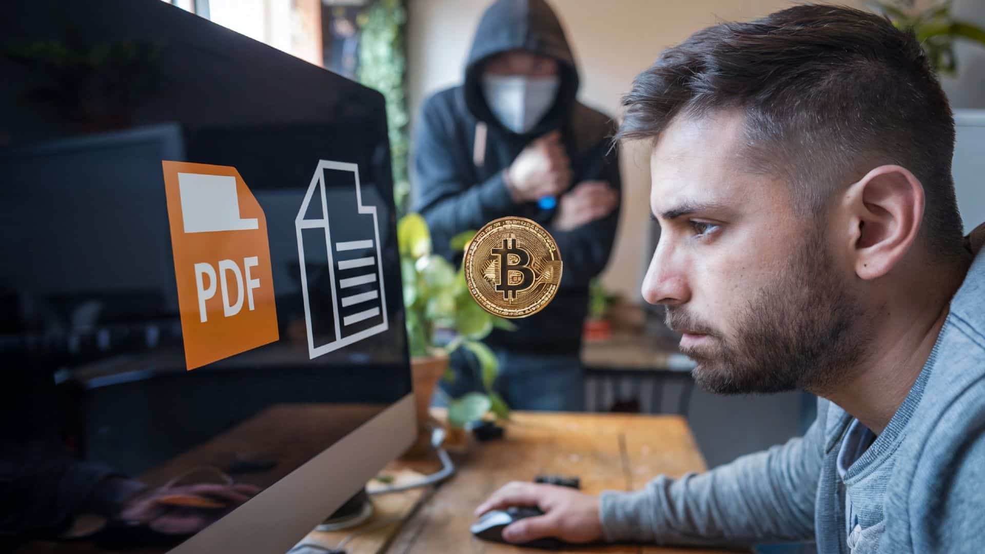 Homem observando conversão de arquivos no computador, enquanto hacker aguarda ao lado para roubar bitcoin carteiras de criptomoedas
