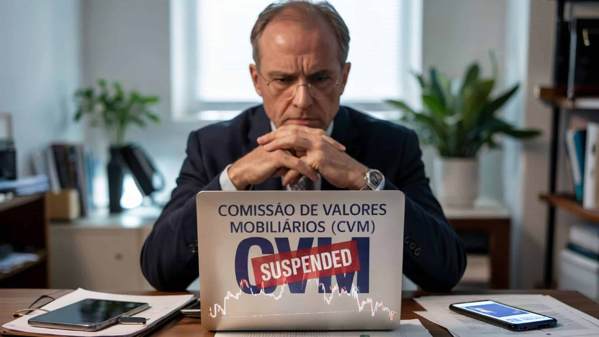 Homem sério observando notícia de suspensão de plataforma pela CVM no Brasil