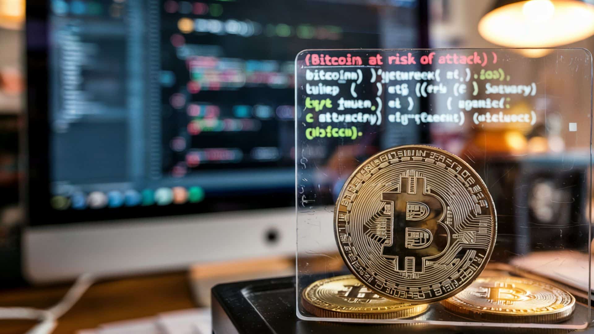 Imagem de um bitcoin simbólico com imagem de aviso de ataque cibernético próxima, com computador de programador desfocado ao fundo