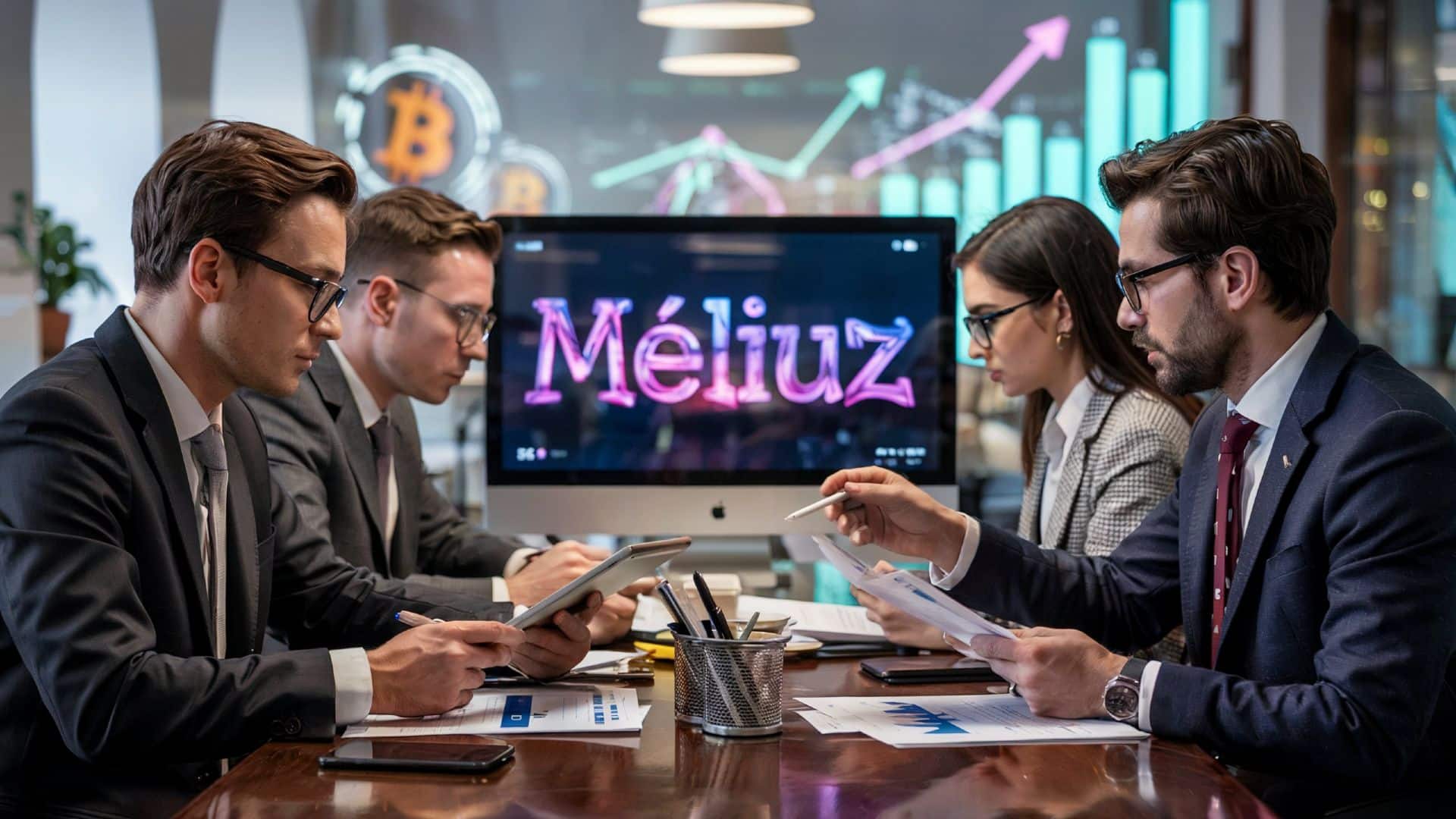 Investidores analisando documentos próximos de um computador com o nome da companhia Méliuz e gráfico do preço do bitcoin ao fundo