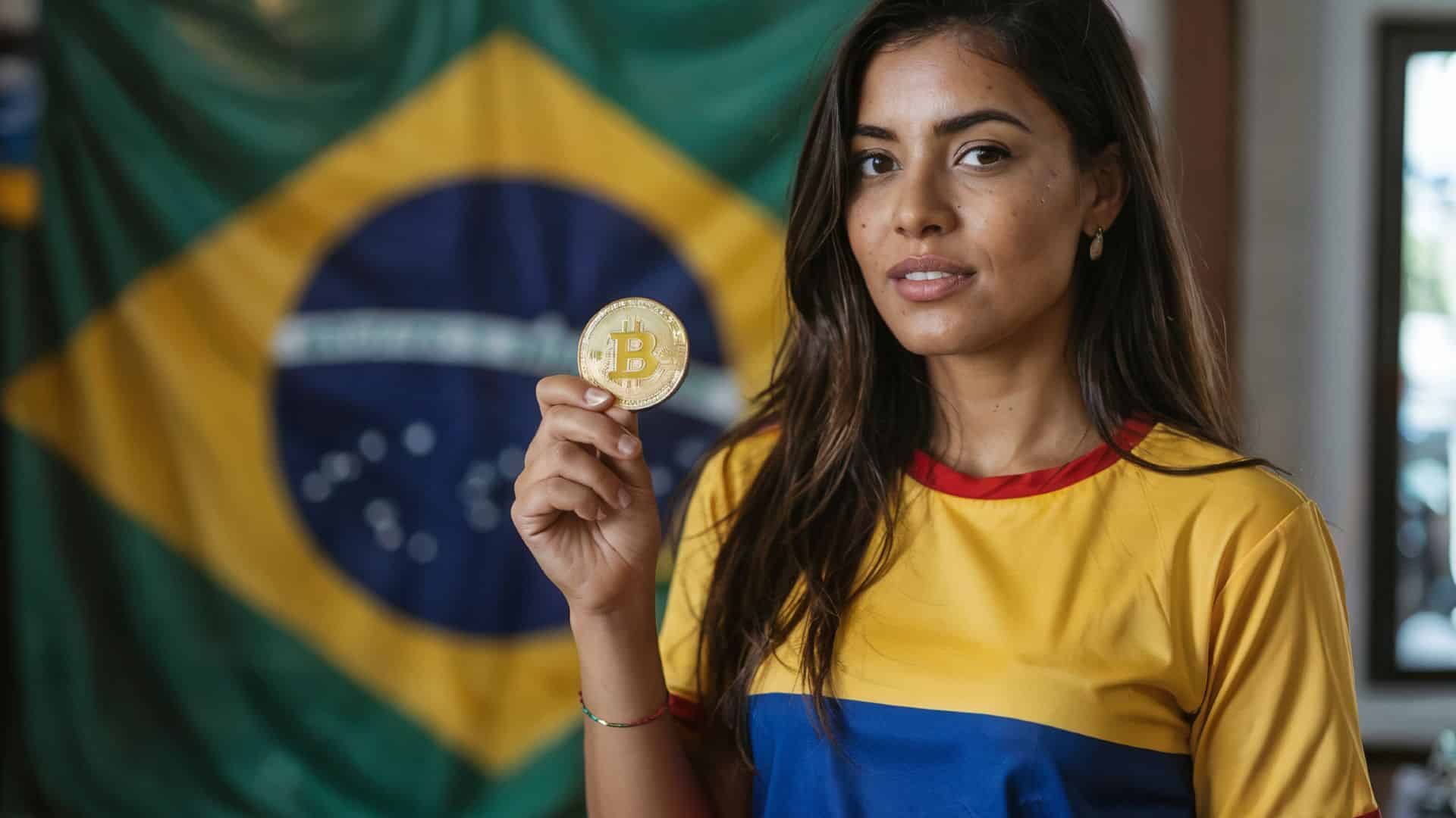 Mulher com camisa da Colômbia segurando bitcoin com bandeira do Brasil ao fundo