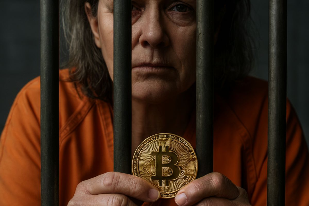 Mulher presa e segurando bitcoin
