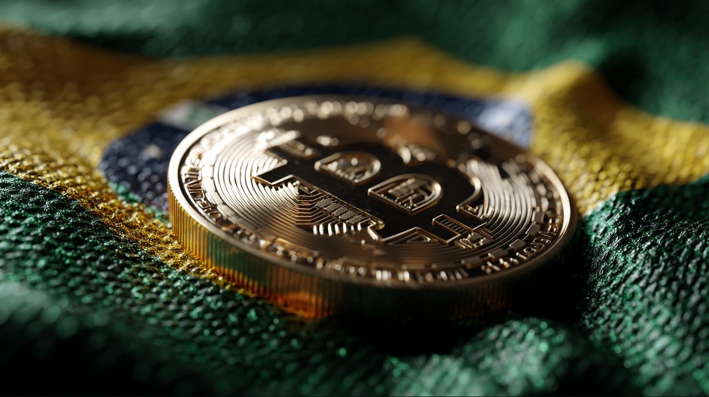 Moeda de Bitcoin sobre bandeira do Brasil. Fonte: Midjourney.