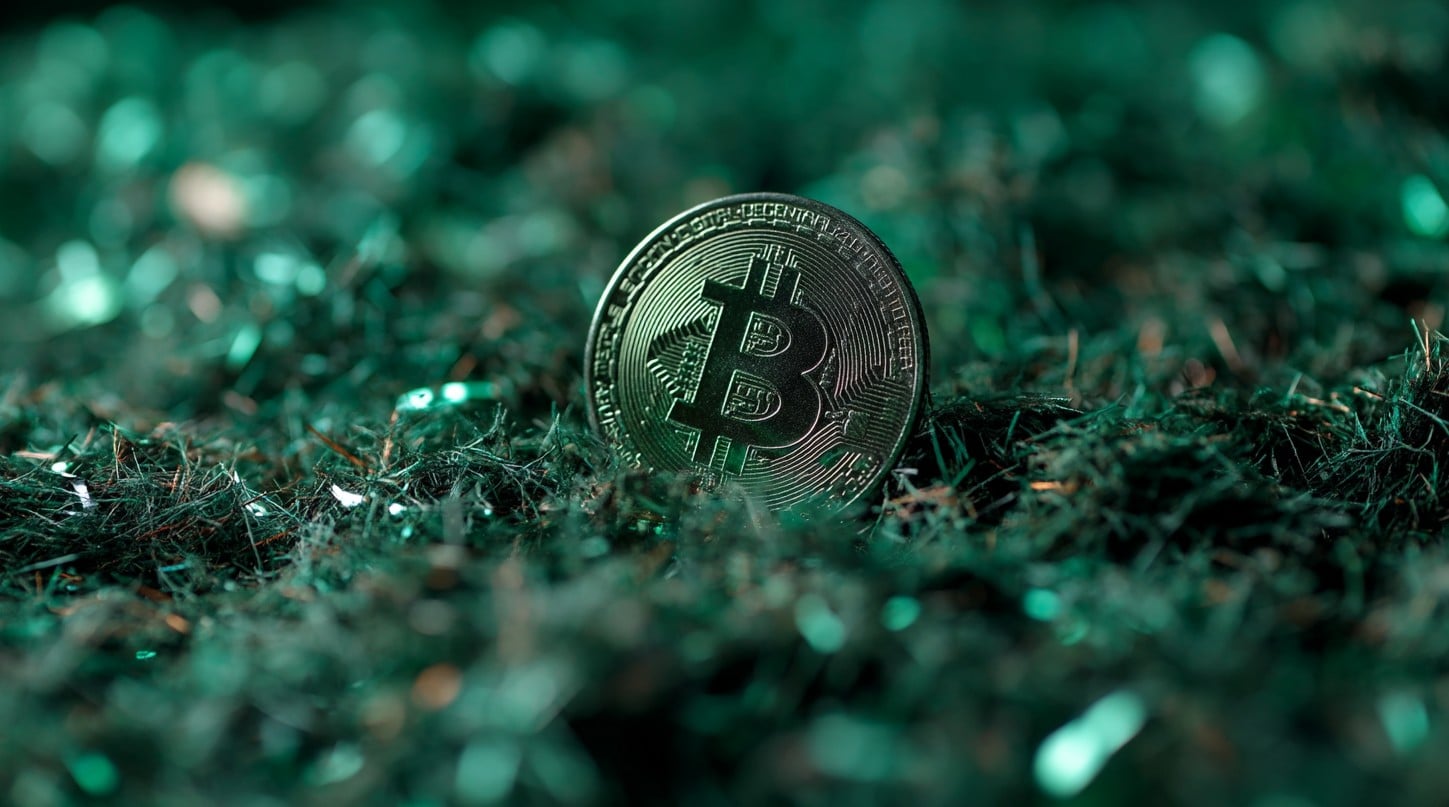 Moeda de Bitcoin sobre grama verde, simbolizando alta. Fonte: Midjourney.