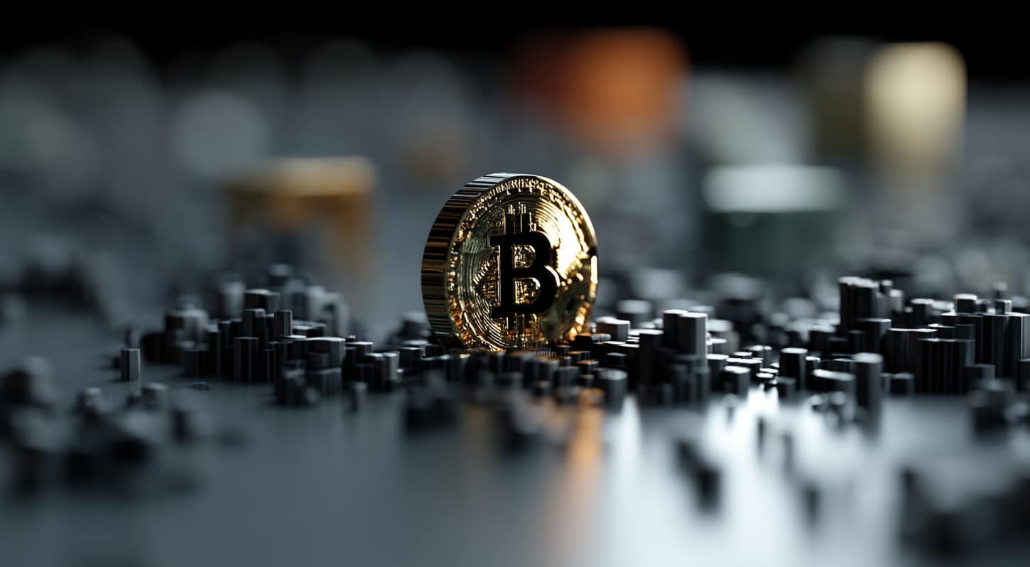 Moeda de Bitcoin entre prédios. Fonte: Midjourney.