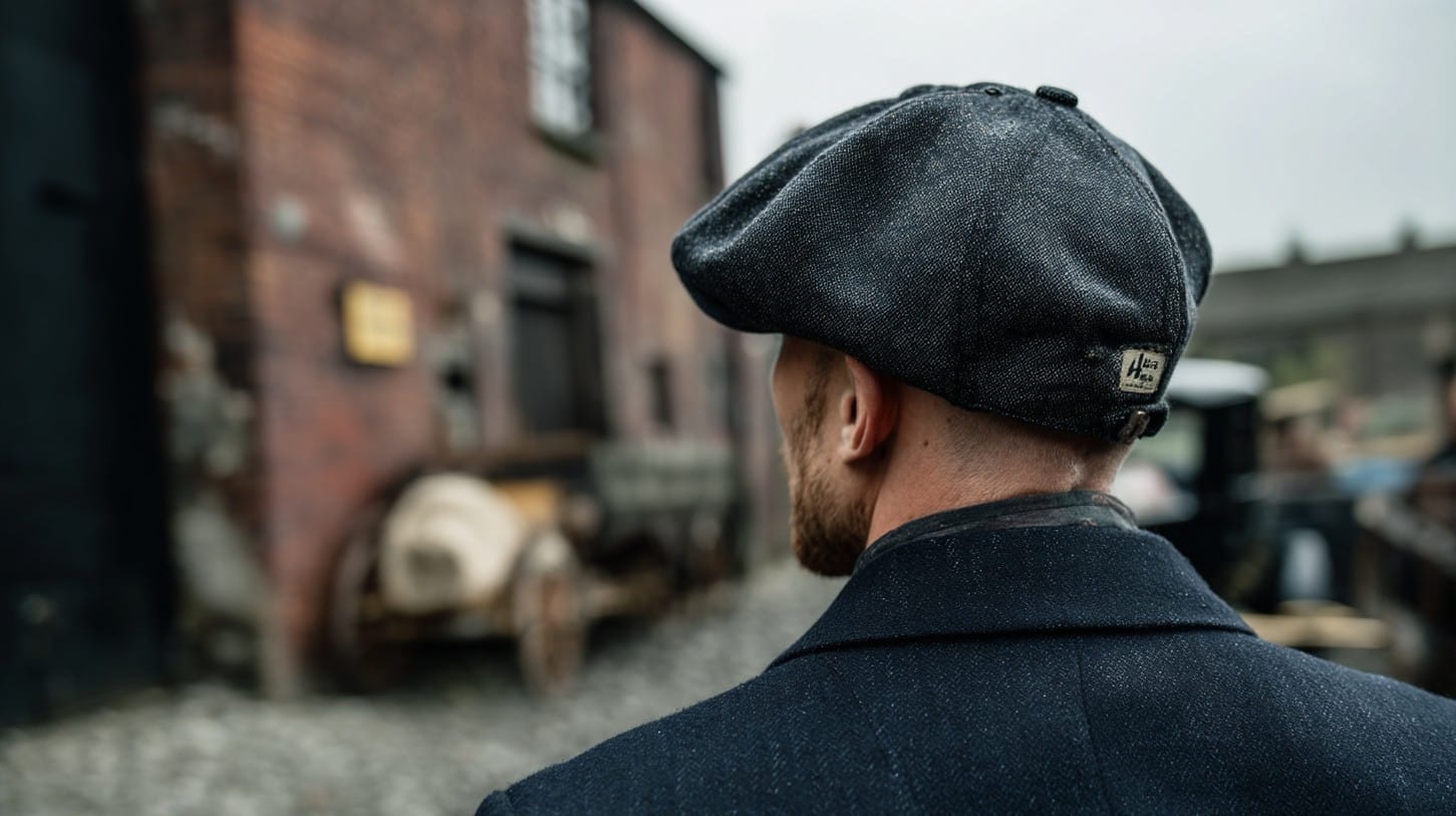 Homem usando boina inglesa, comum na série Peaky Blinders. Fonte: Midjourney.