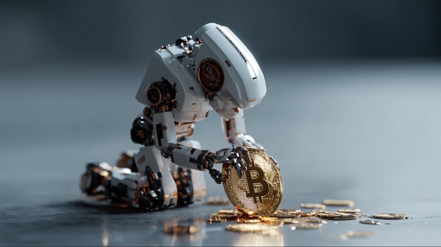 Robô de joelhos para moeda de Bitcoin. Fonte: Midjourney.