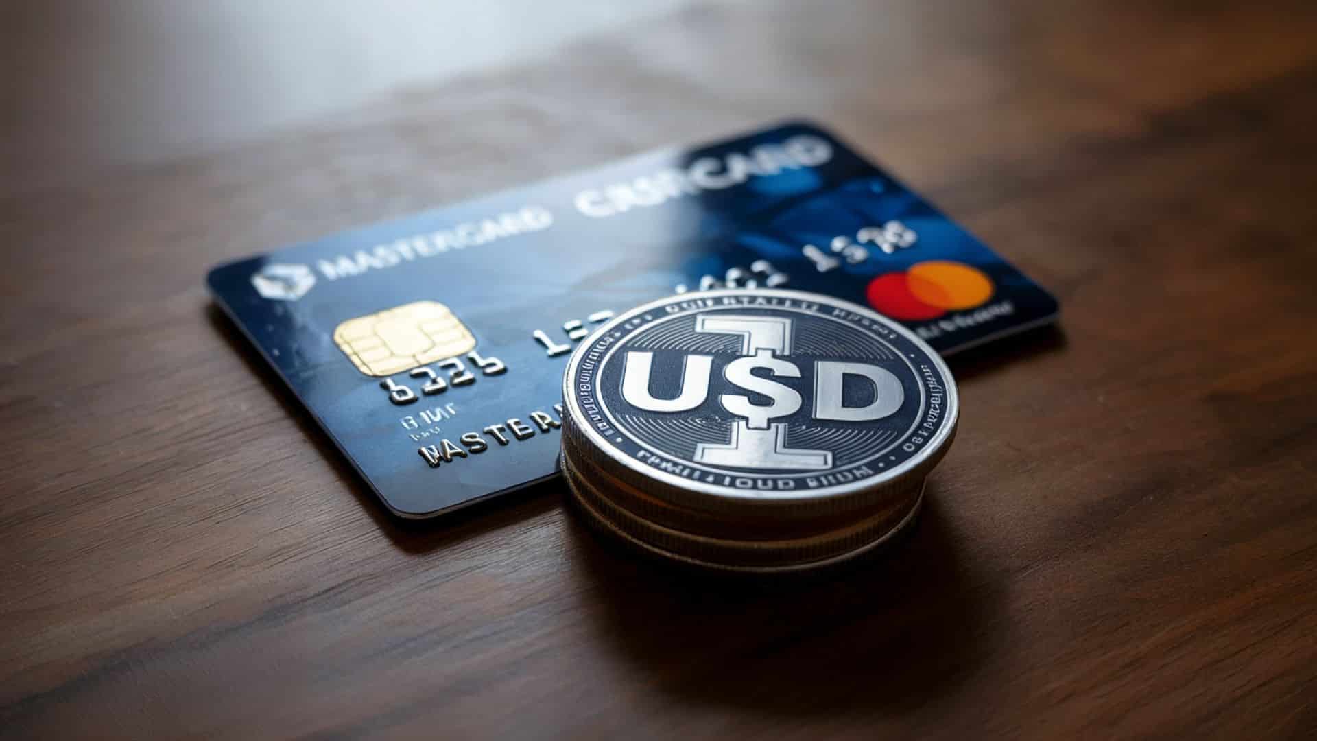 Moeda de um dólar próxima de cartão da MasterCard