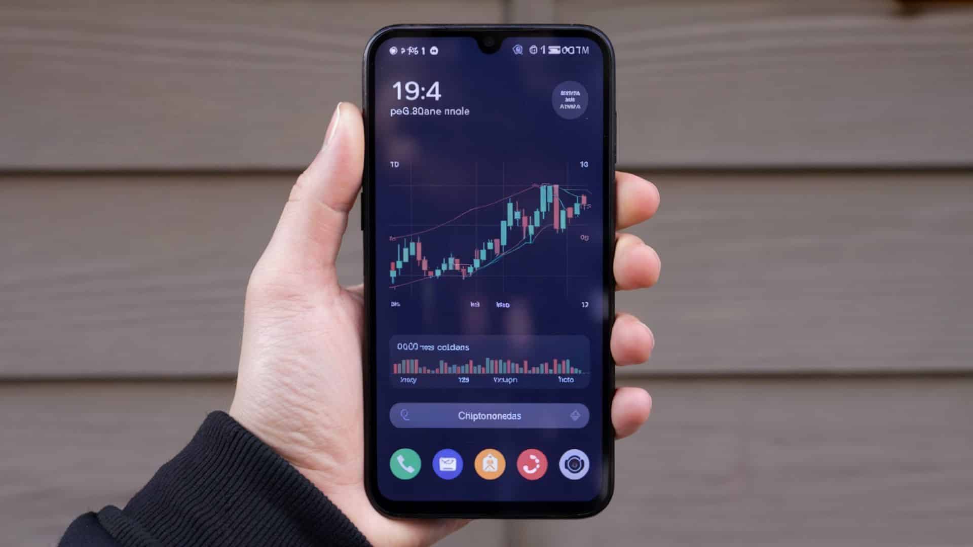 Pessoa segurando celular com cotação de criptomoedas golpe