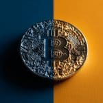 Moeda de Bitcoin dividida entre azul e laranja. Fonte: Midjourney.