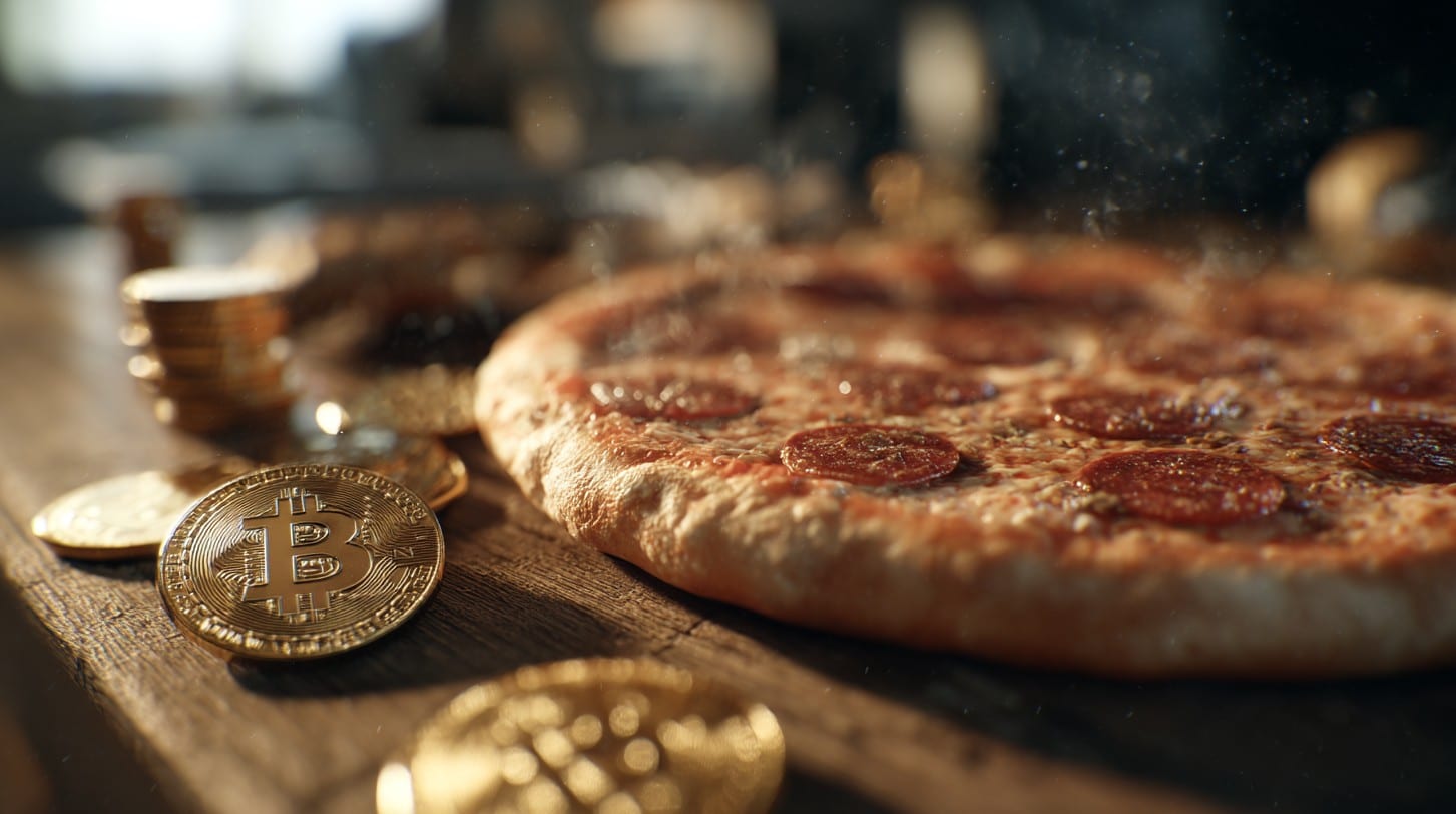 Moedas de Bitcoin ao lado de pizza. Fonte: Midjourney.