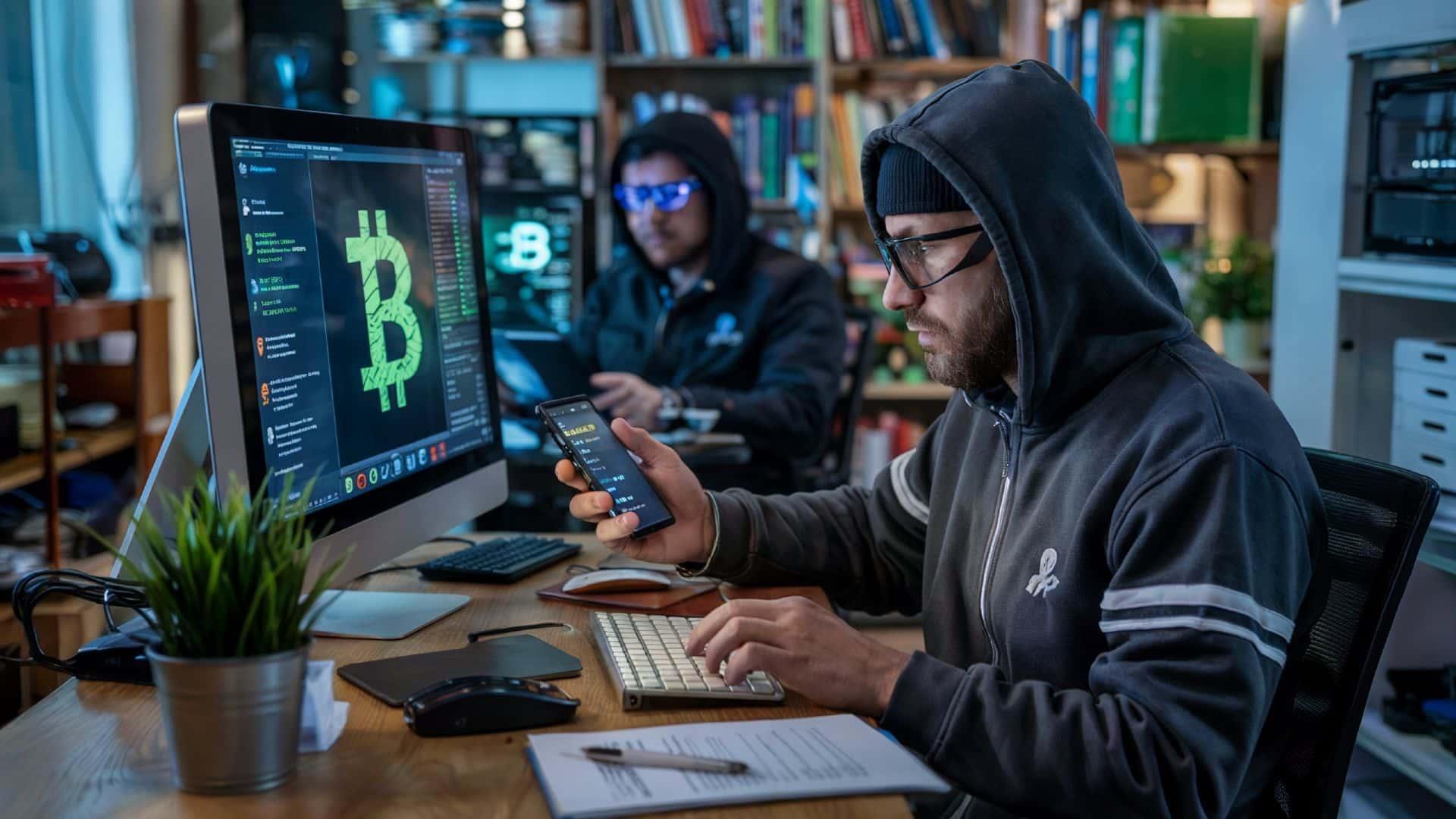 Hackers em atividade criminosa, um deles olhando para símbolo do bitcoin na tela EUA e criptomoedas