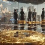Moeda de bitcoin em destaque em sala de reunião. Fonte: Midjourney.