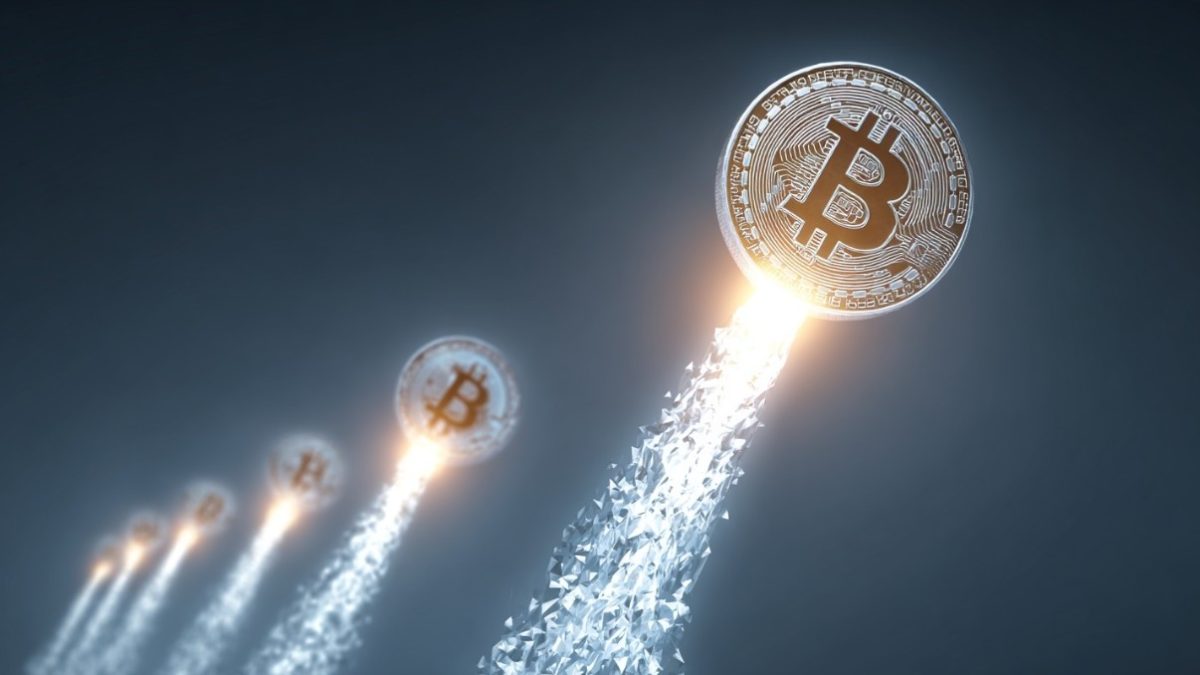 Bitcoins subindo com feixe de luz