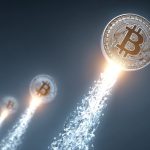 Bitcoins subindo com feixe de luz